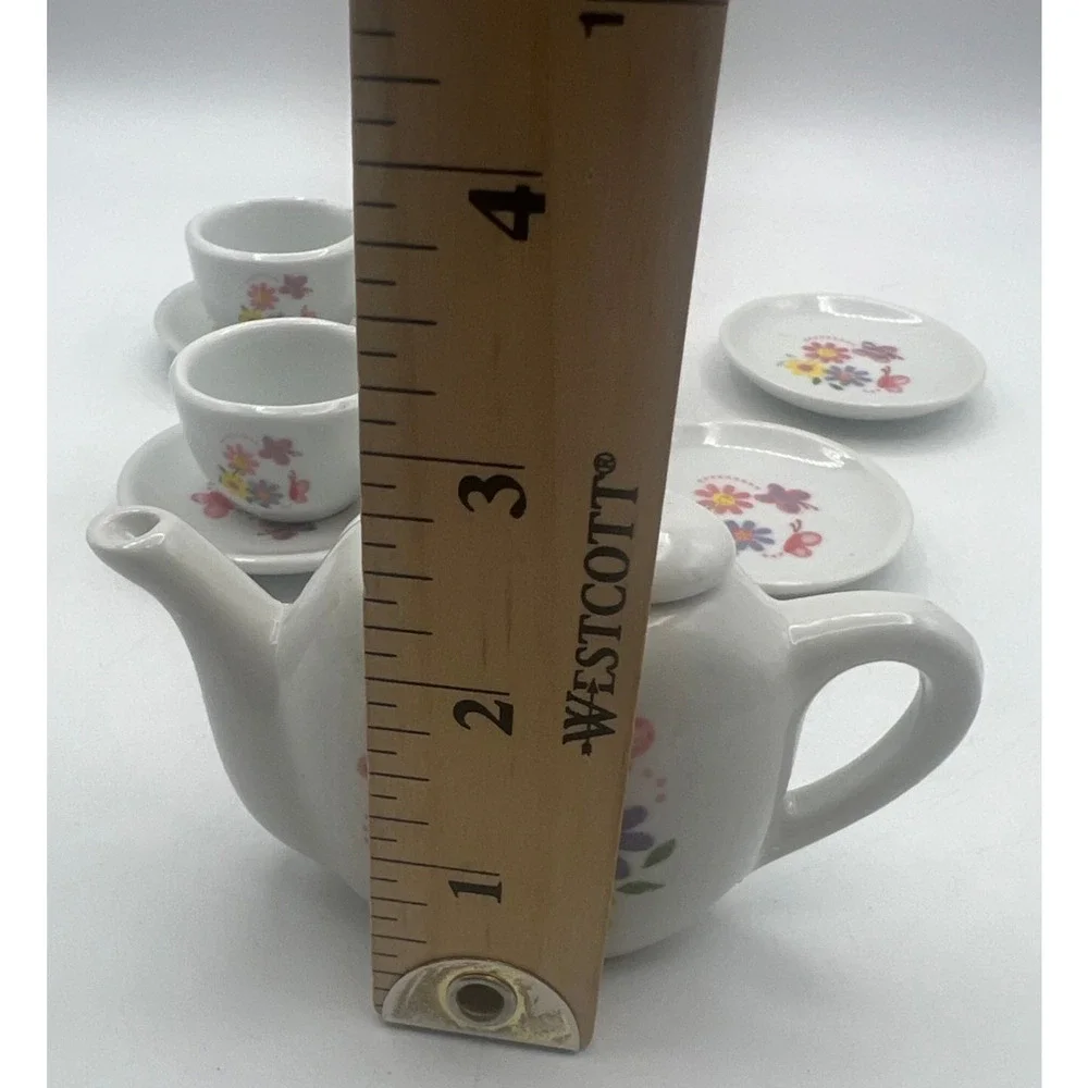 Miniature White Porcelain Tea Set Floral Dollhouse Teapot Cups Saucers 10 Piece